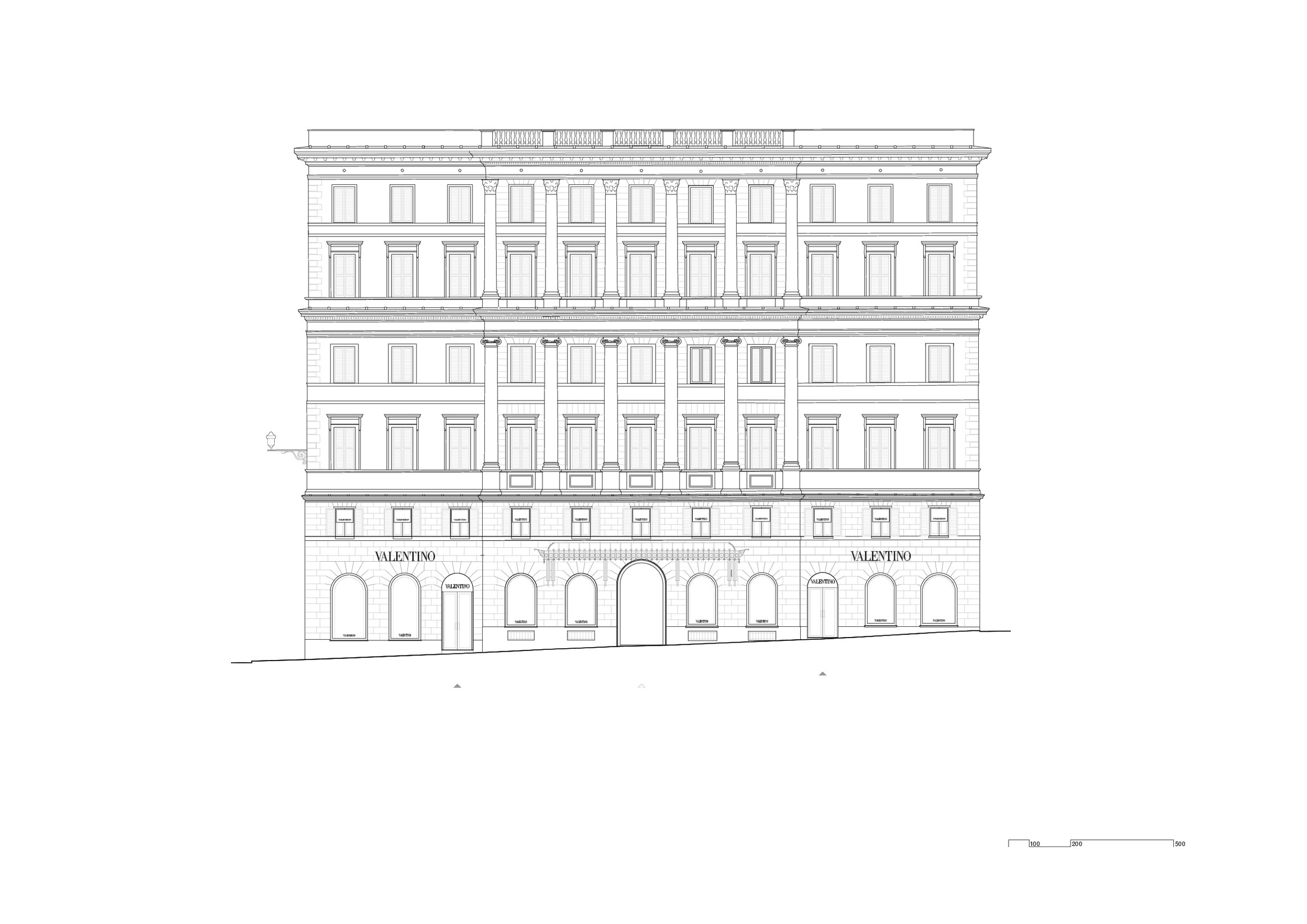Valentino Flagship Store in Rome, Piazza di Spagna, South East elevation.