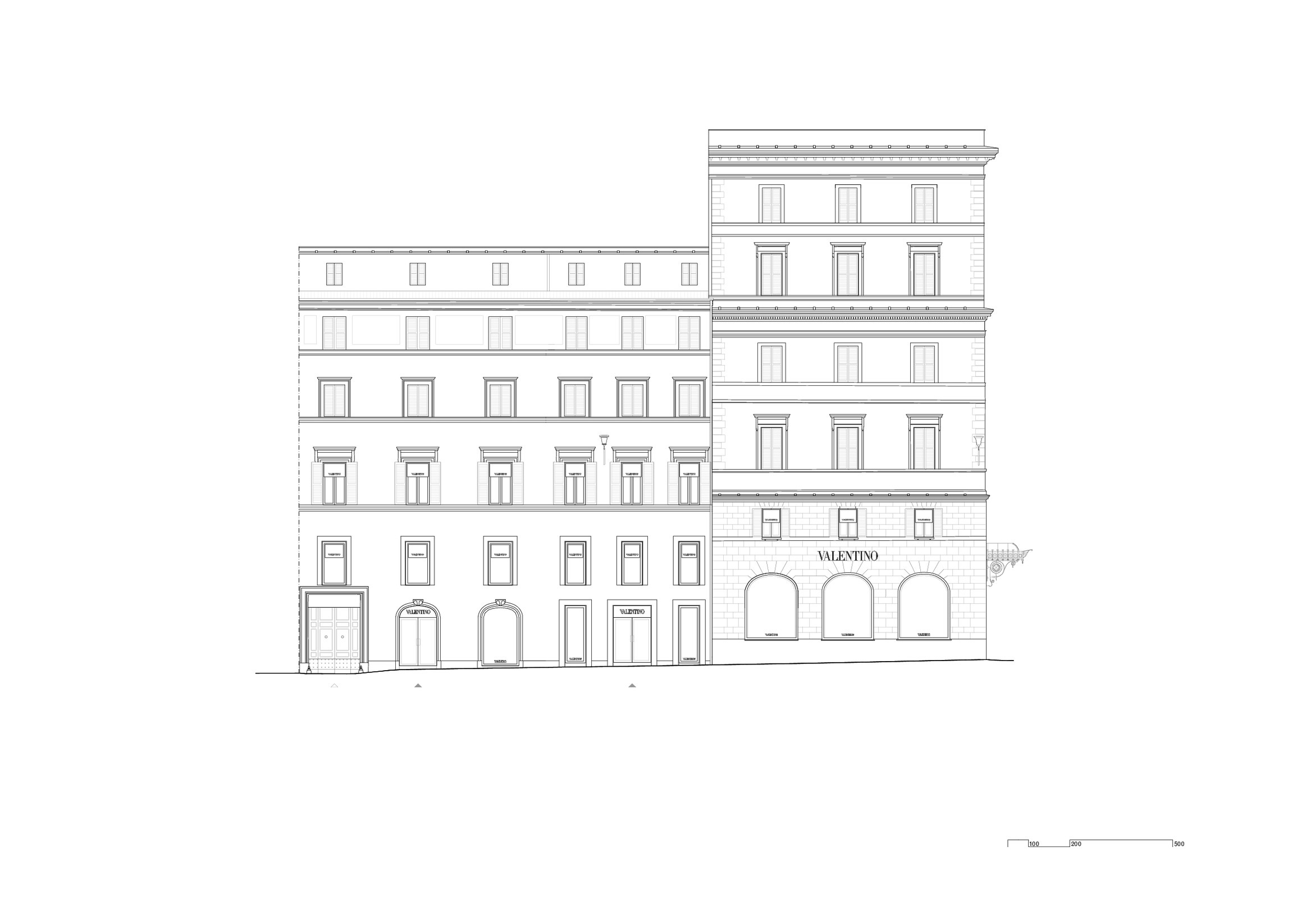Valentino Flagship Store in Rome, Piazza di Spagna, South West elevation.